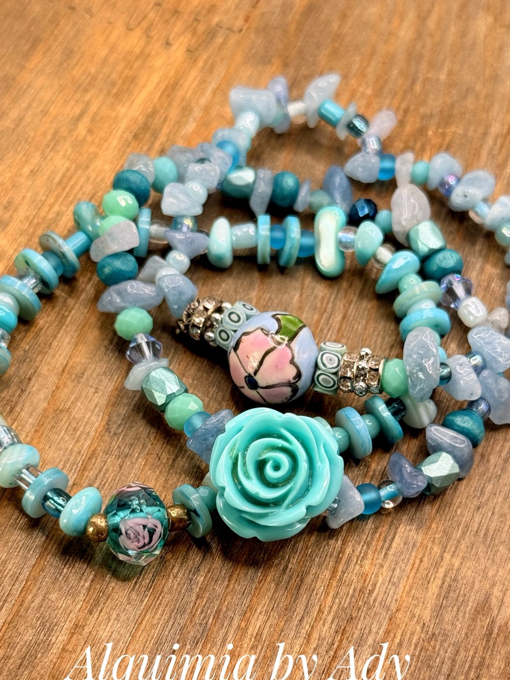Blue aquamarine floral Beaded Bracelet stack + set